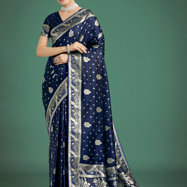 Monjolika Fashion Traditional Blue Woven Banarasi Satin Silk Saree - Distacart