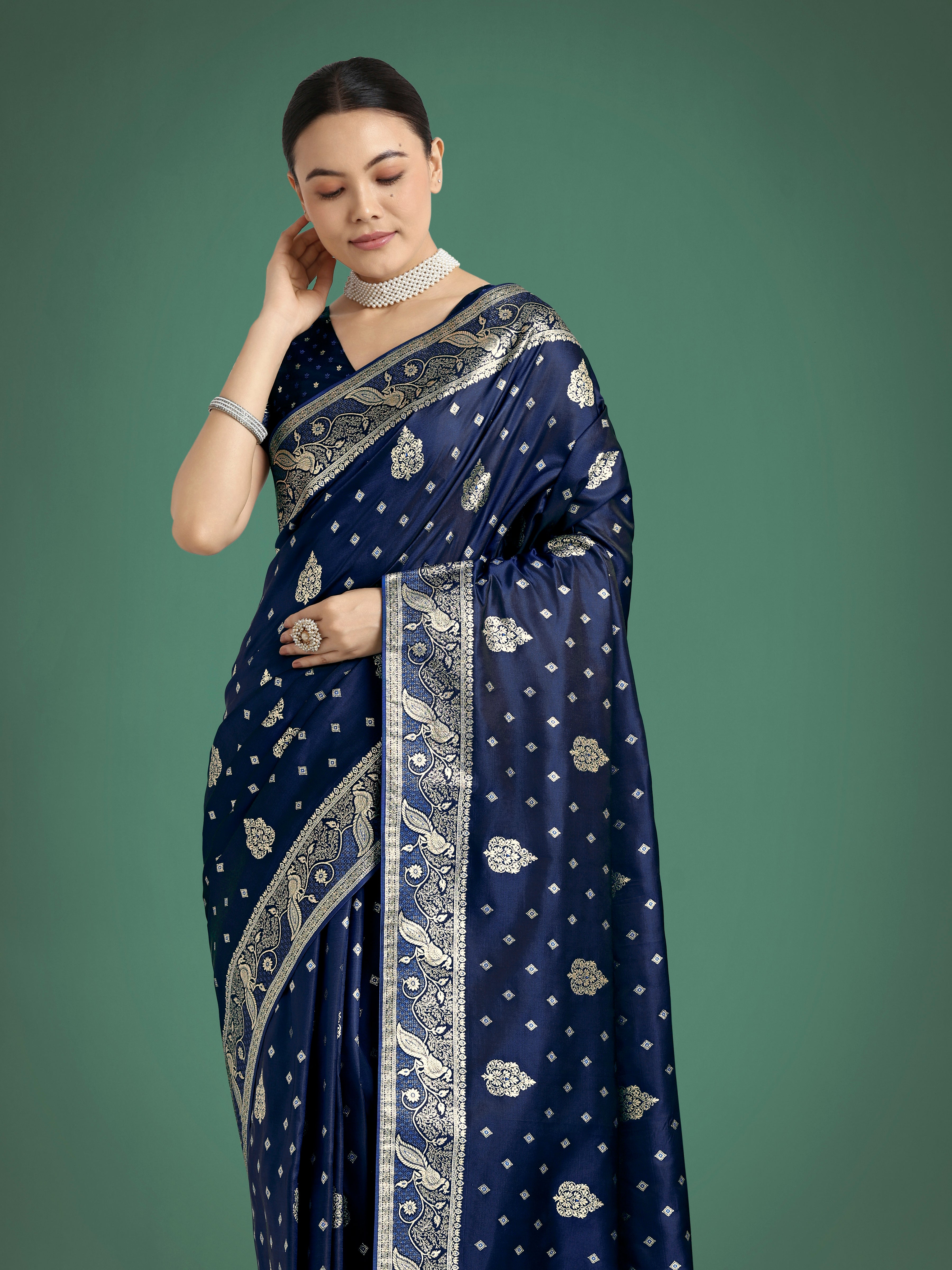 Monjolika Fashion Traditional Blue Woven Banarasi Satin Silk Saree