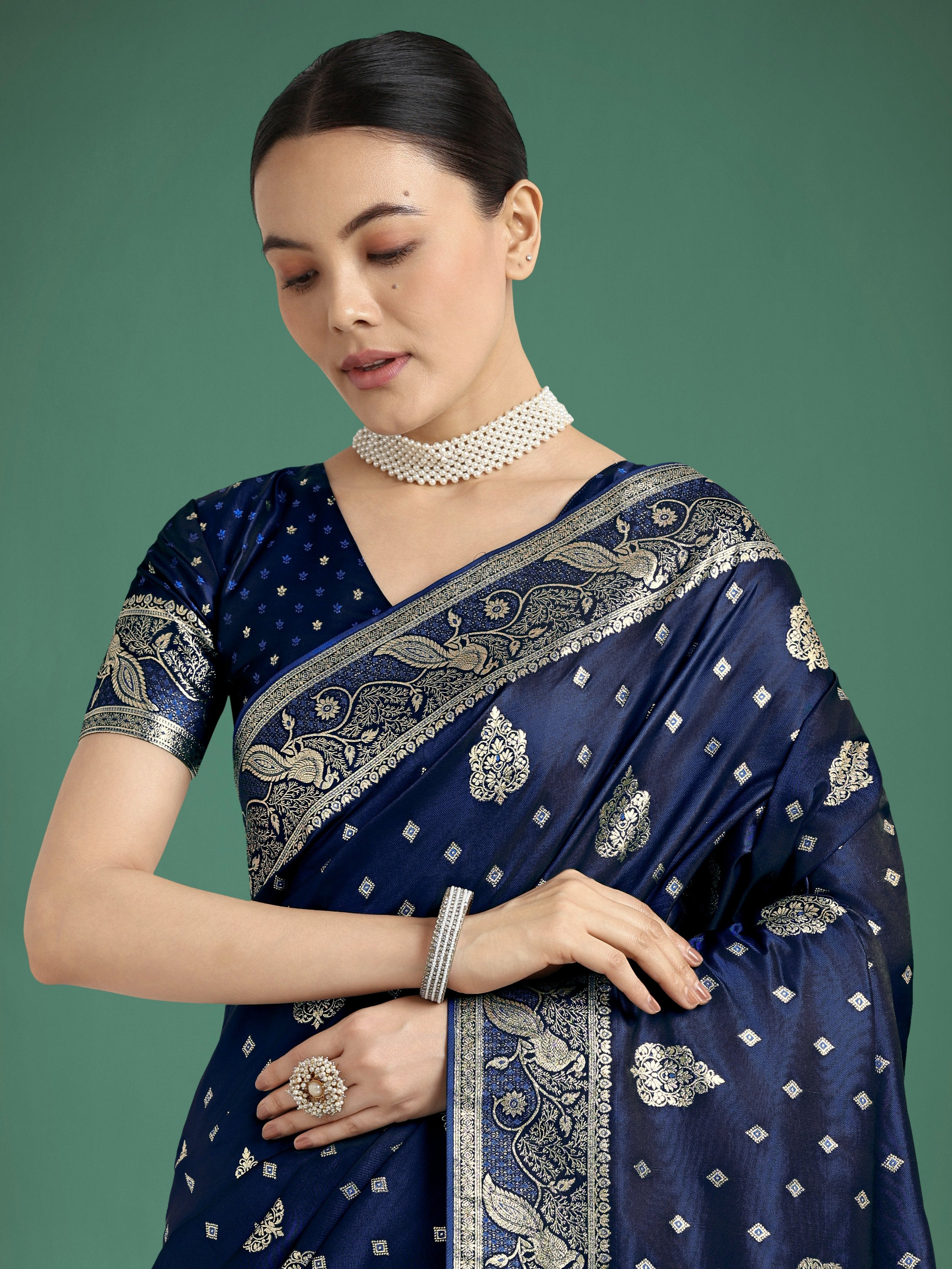 Monjolika Fashion Traditional Blue Woven Banarasi Satin Silk Saree