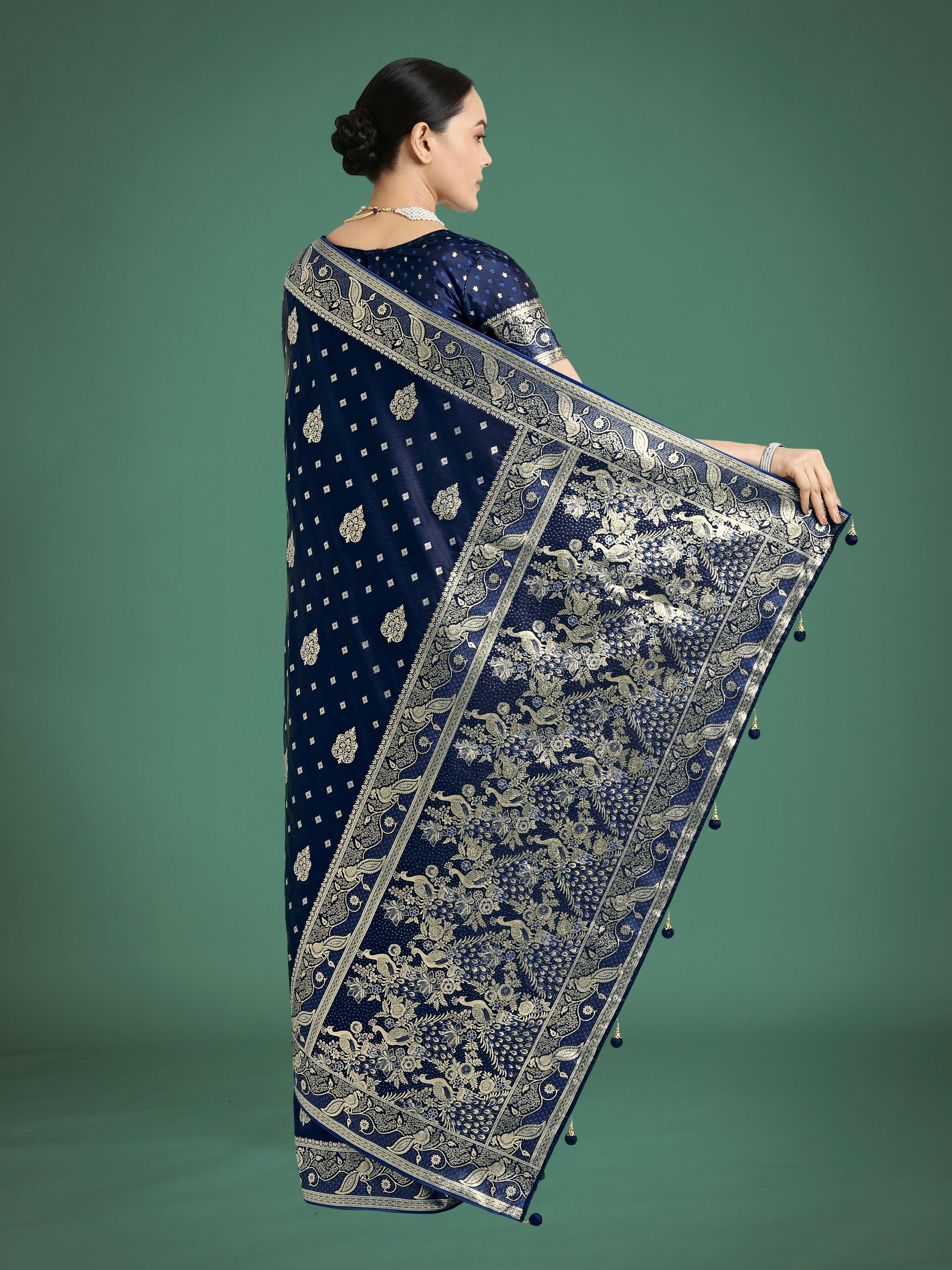 Monjolika Fashion Traditional Blue Woven Banarasi Satin Silk Saree