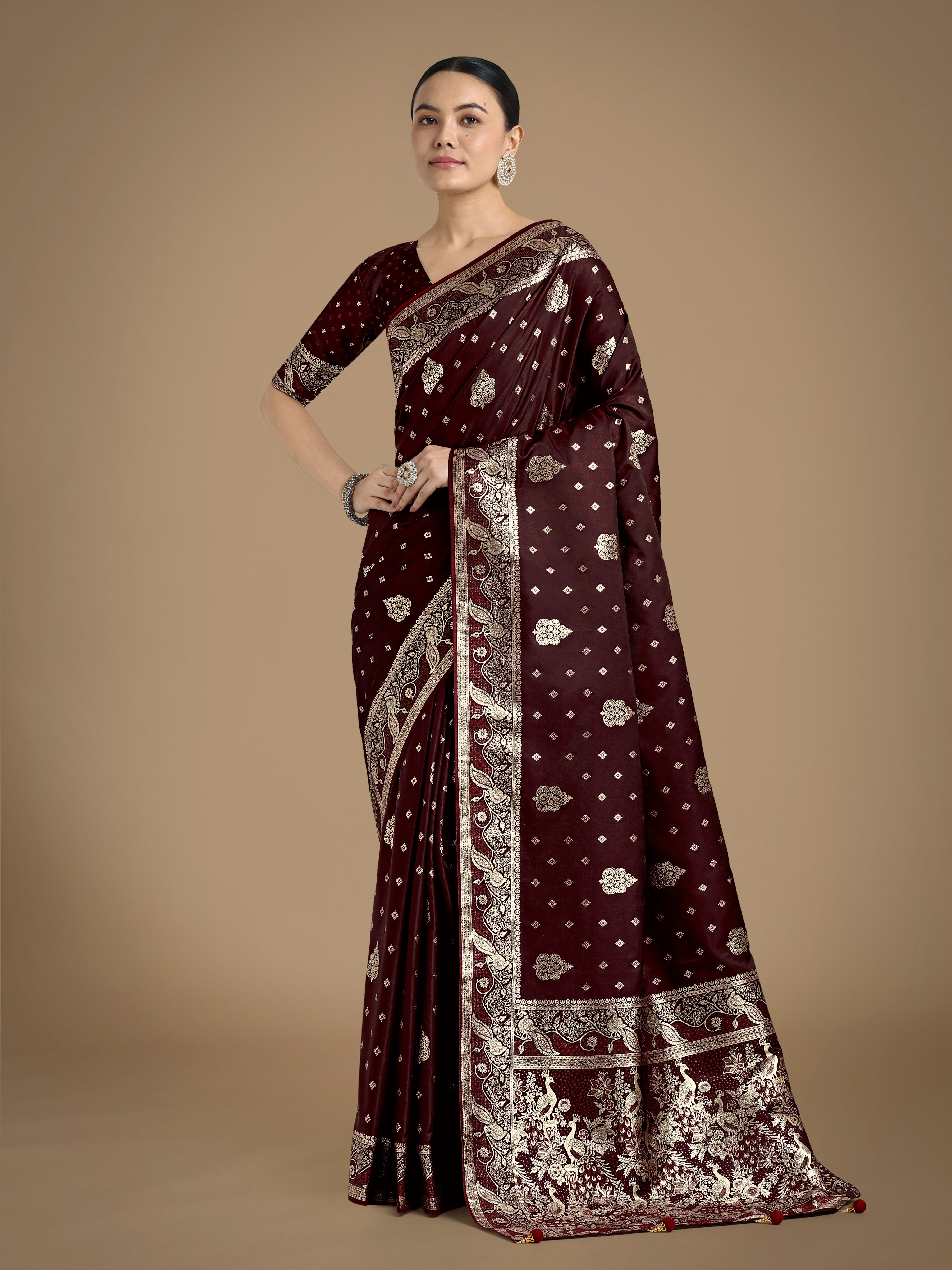 Monjolika Fashion Traditional Maroon Woven Banarasi Satin Silk Saree