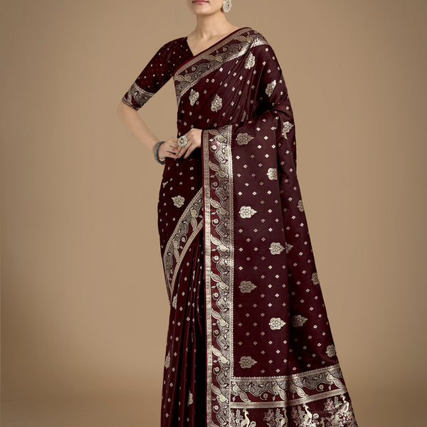 Monjolika Fashion Traditional Maroon Woven Banarasi Satin Silk Saree - Distacart