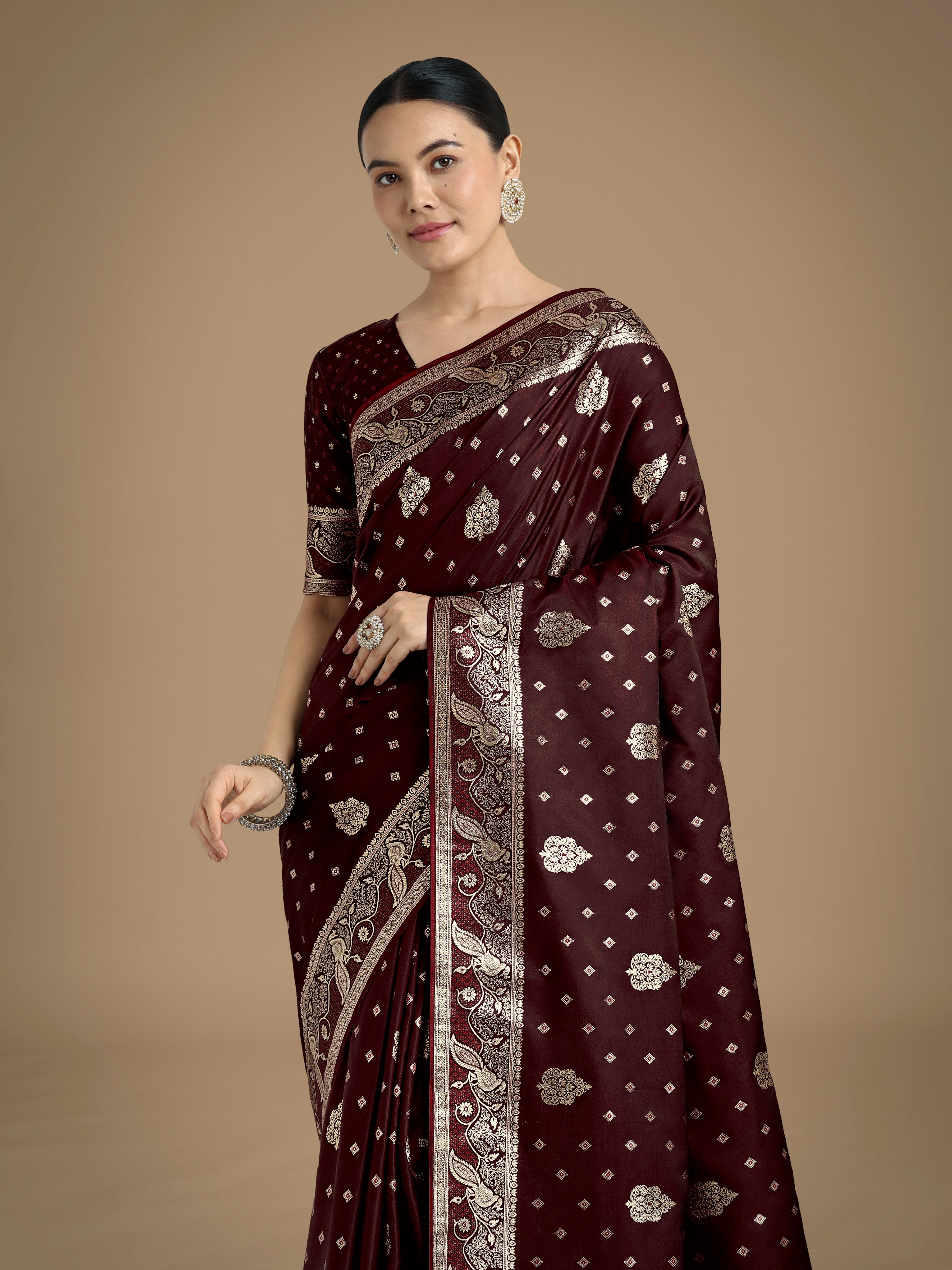 Monjolika Fashion Traditional Maroon Woven Banarasi Satin Silk Saree