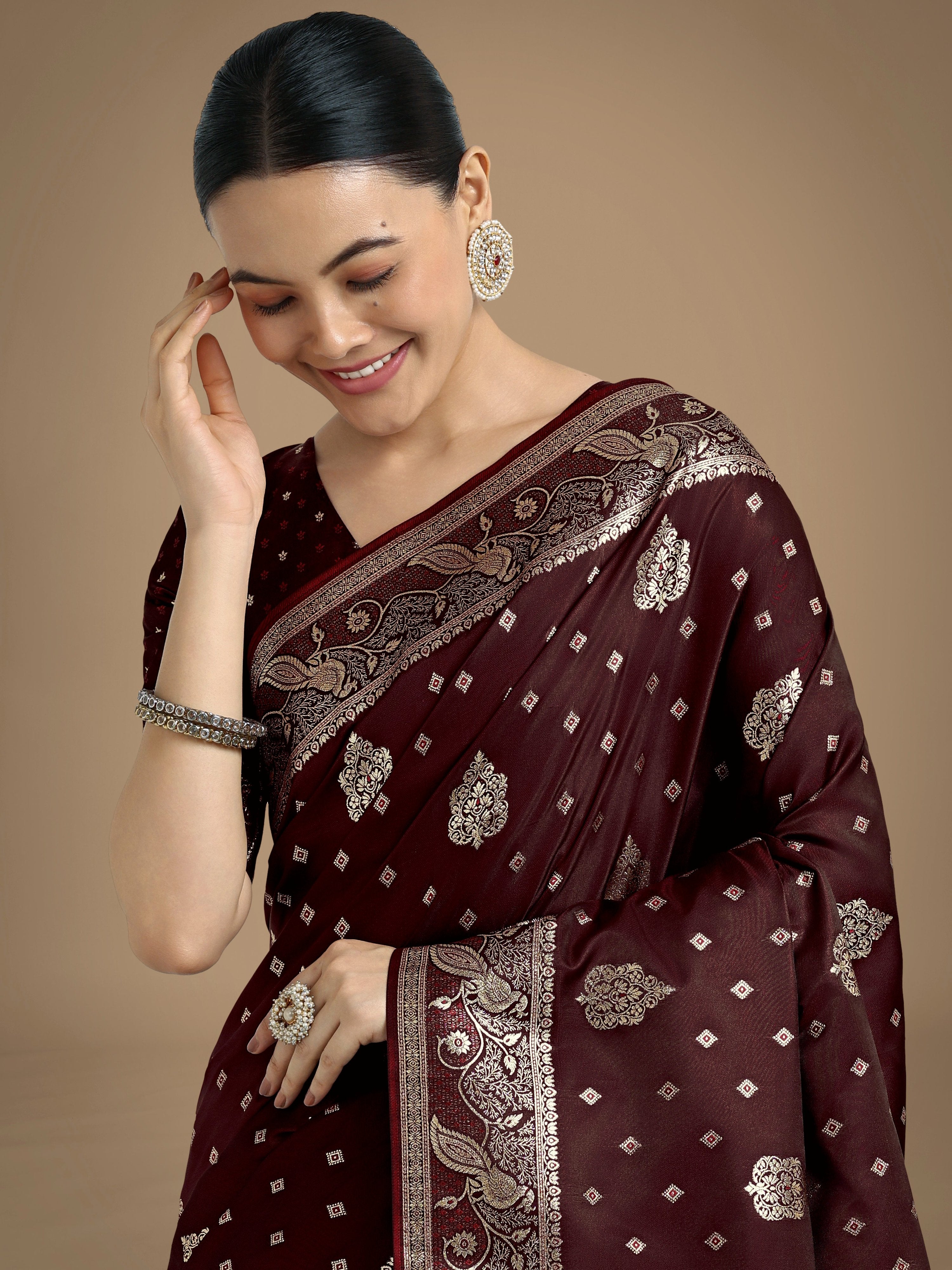 Monjolika Fashion Traditional Maroon Woven Banarasi Satin Silk Saree