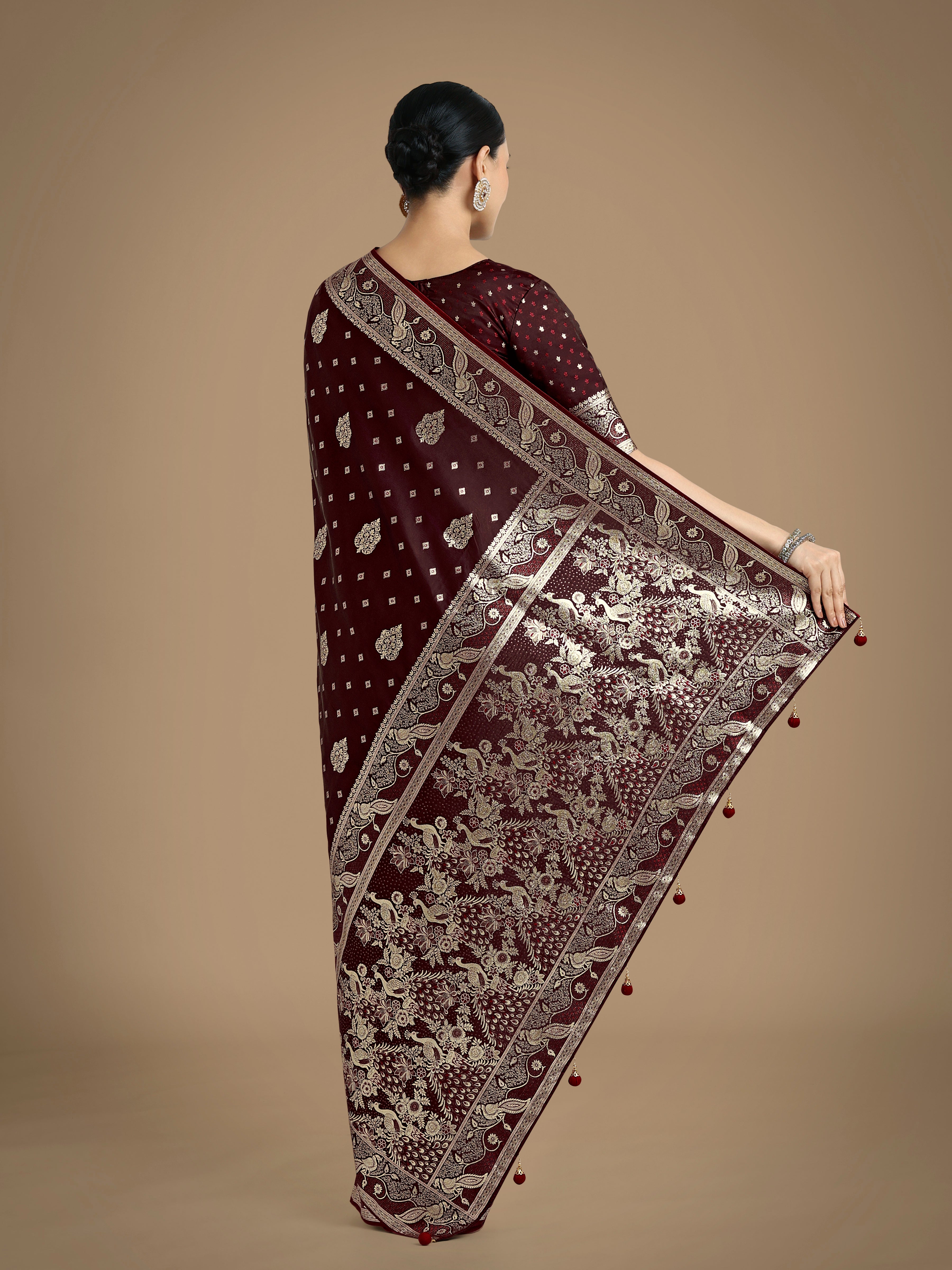 Monjolika Fashion Traditional Maroon Woven Banarasi Satin Silk Saree