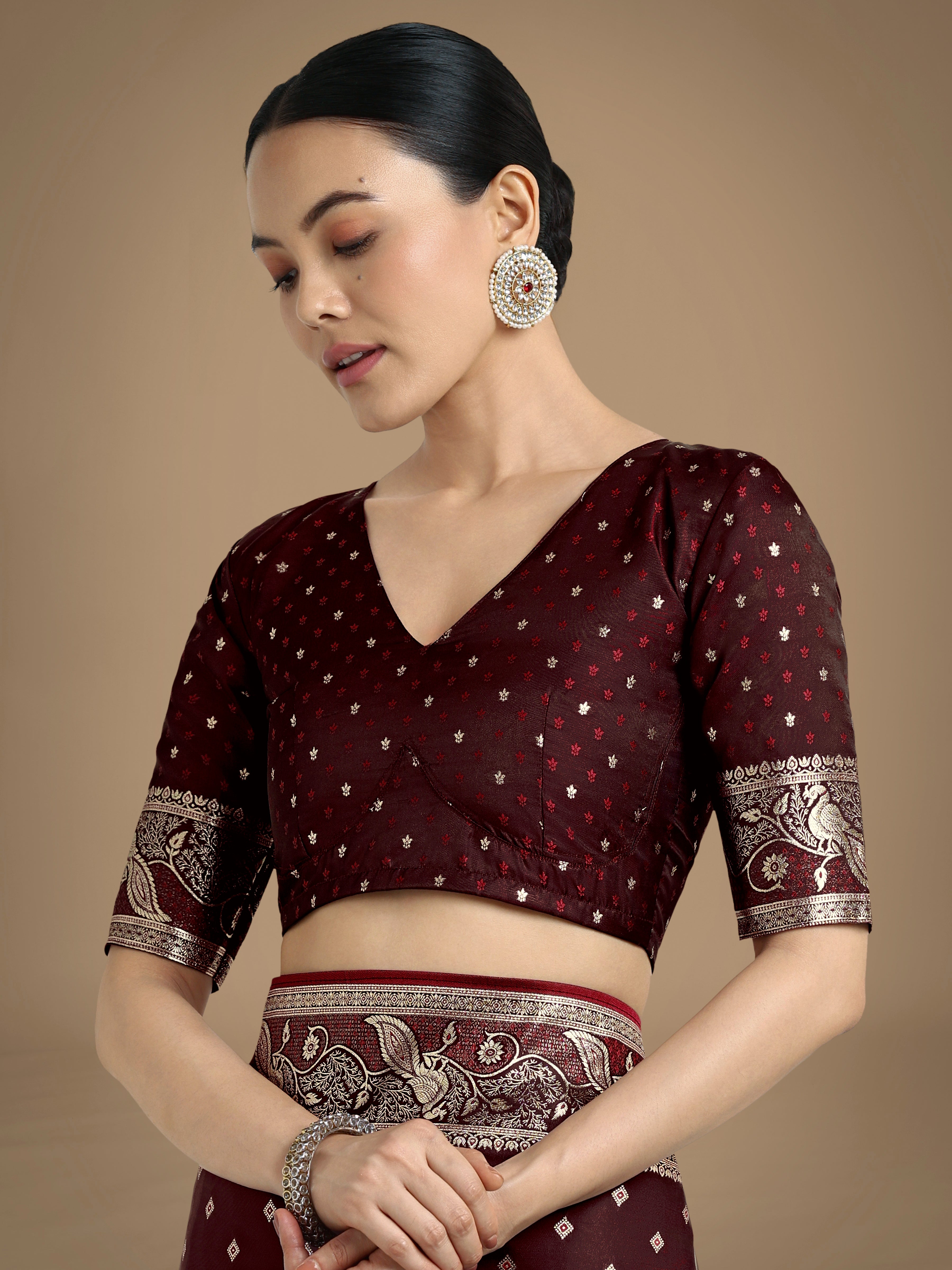 Monjolika Fashion Traditional Maroon Woven Banarasi Satin Silk Saree