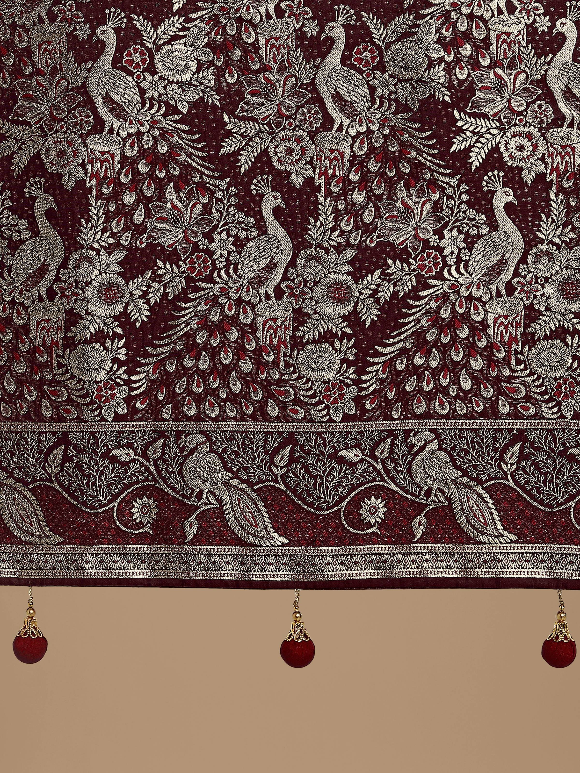 Monjolika Fashion Traditional Maroon Woven Banarasi Satin Silk Saree