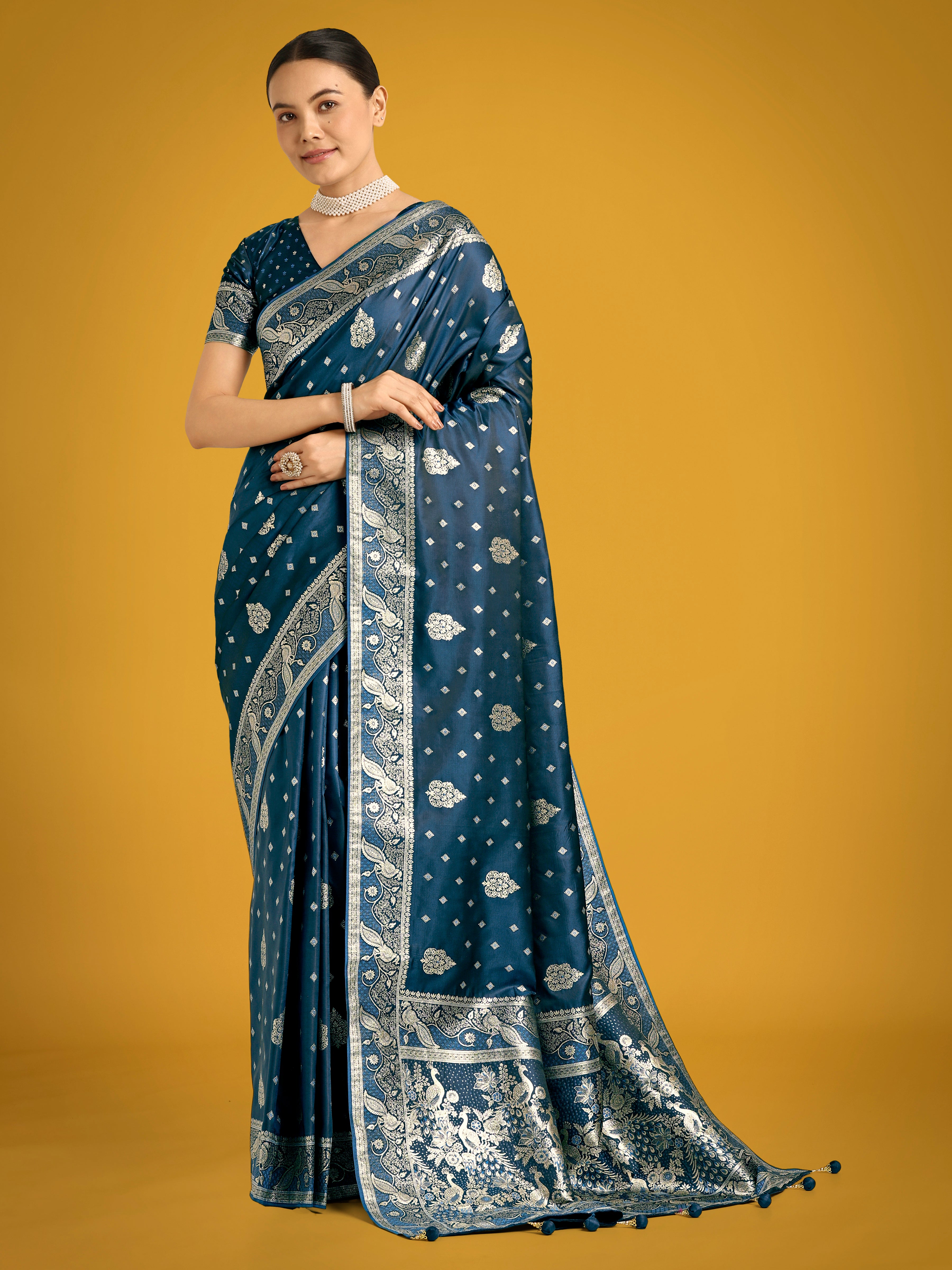 Monjolika Fashion Traditional Aqua blue Woven Banarasi Satin Silk Saree