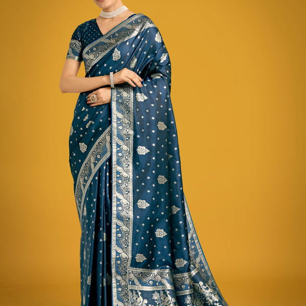 Monjolika Fashion Traditional Aqua blue Woven Banarasi Satin Silk Saree - Distacart