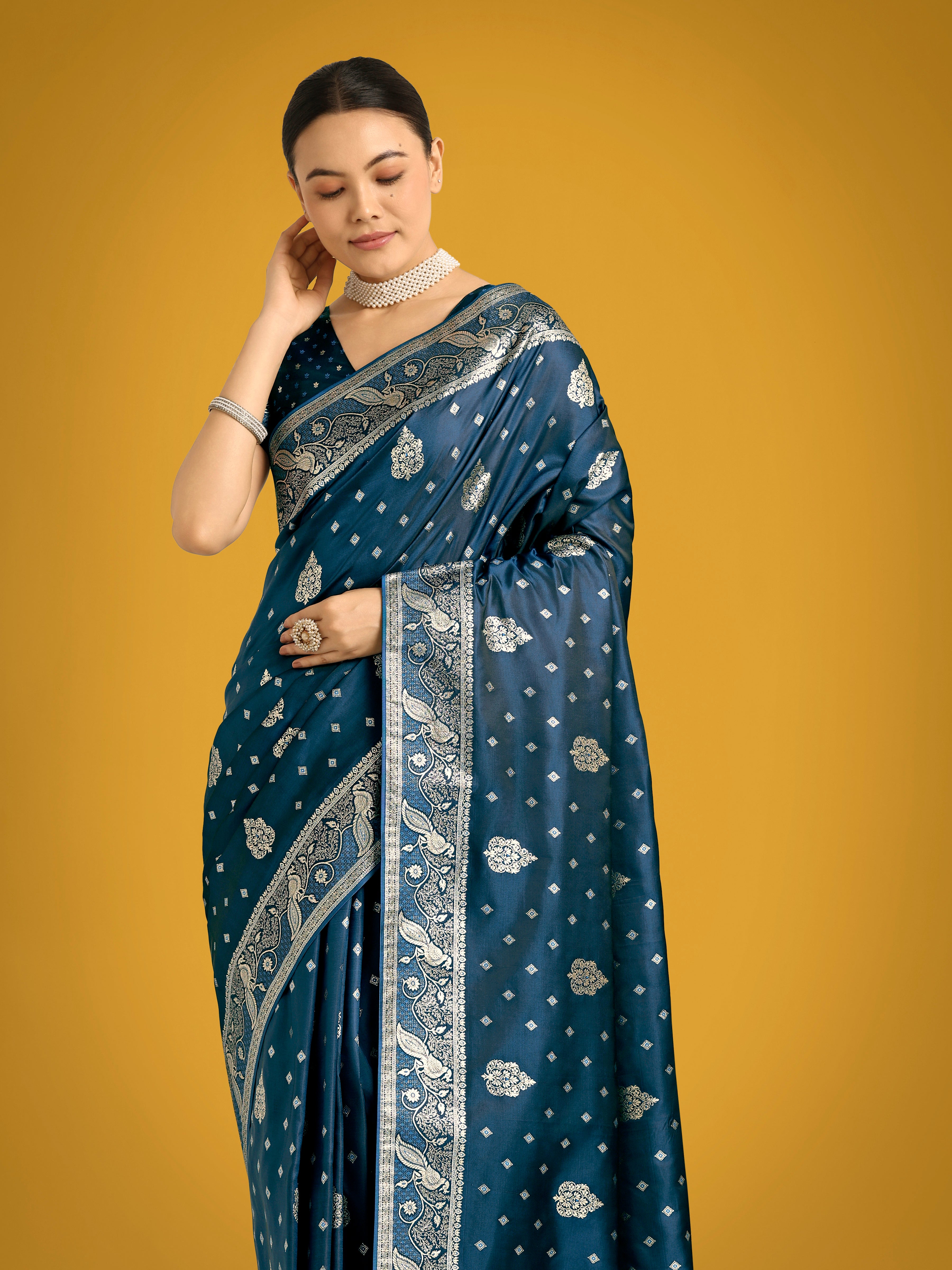 Monjolika Fashion Traditional Aqua blue Woven Banarasi Satin Silk Saree