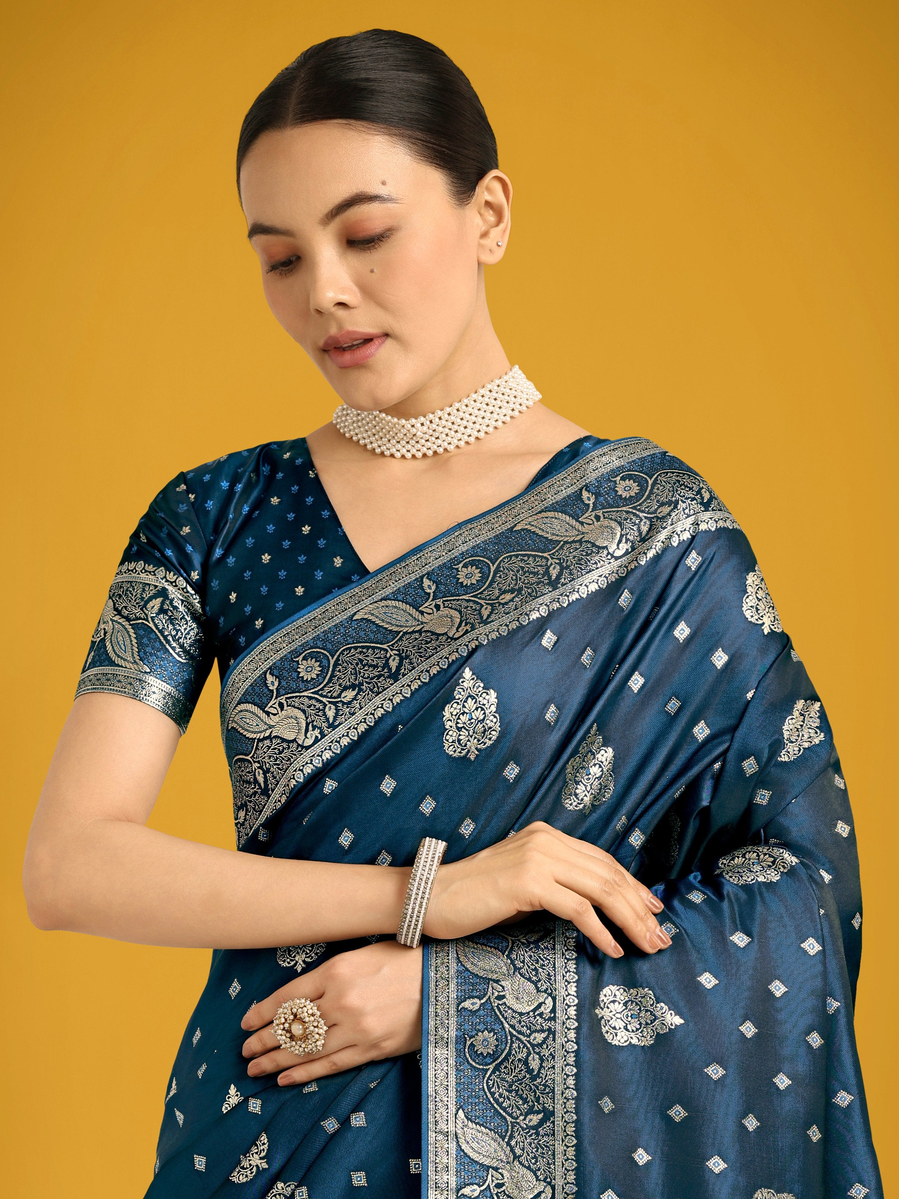 Monjolika Fashion Traditional Aqua blue Woven Banarasi Satin Silk Saree