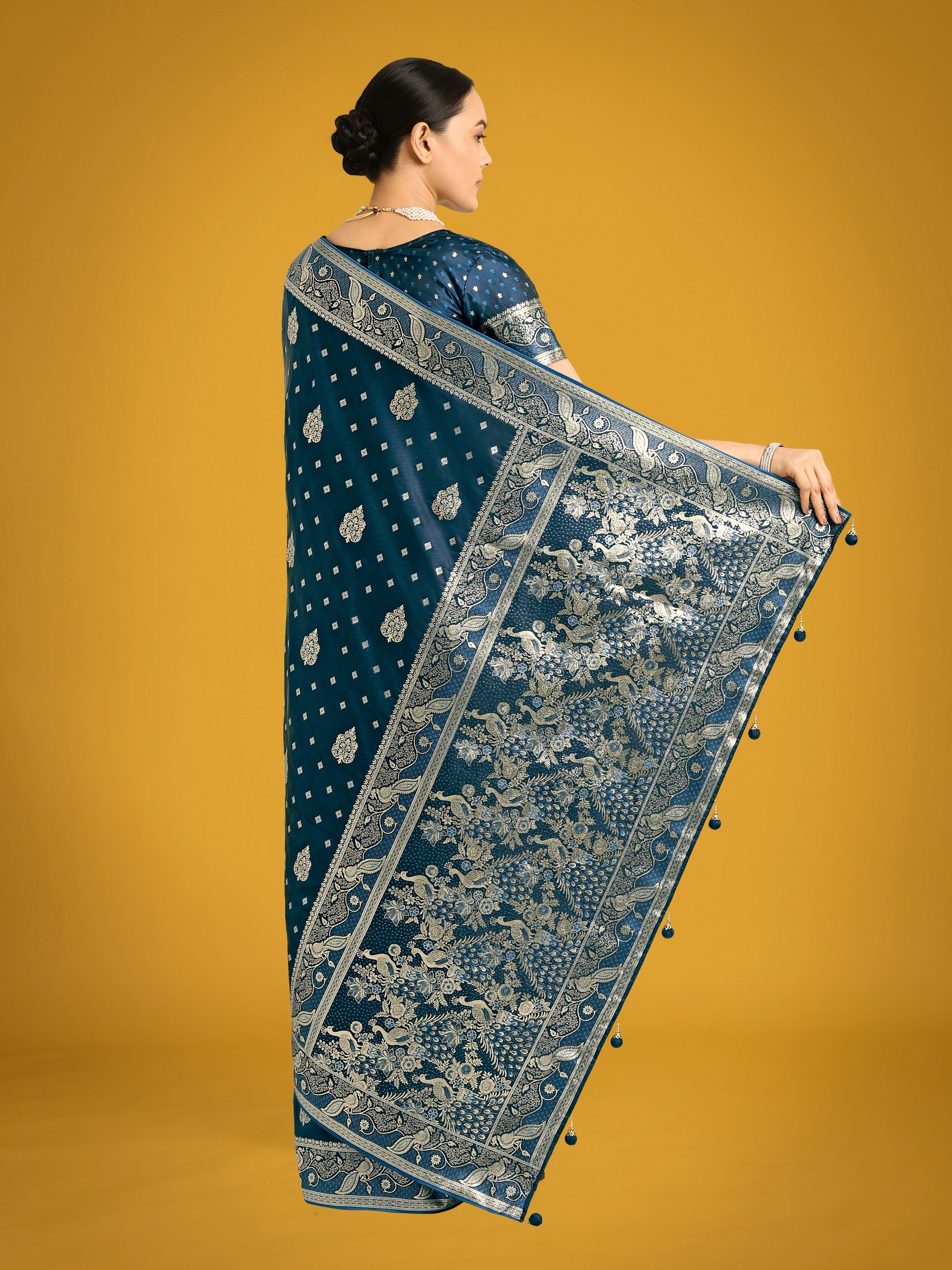 Monjolika Fashion Traditional Aqua blue Woven Banarasi Satin Silk Saree