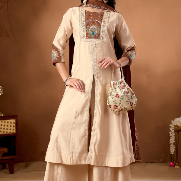 Lorenvalley Fashion Cream Roman Silk Multi Embroidery Thread With Beautiful Hand Work Kurta Palazzo Dupatta - Distacart