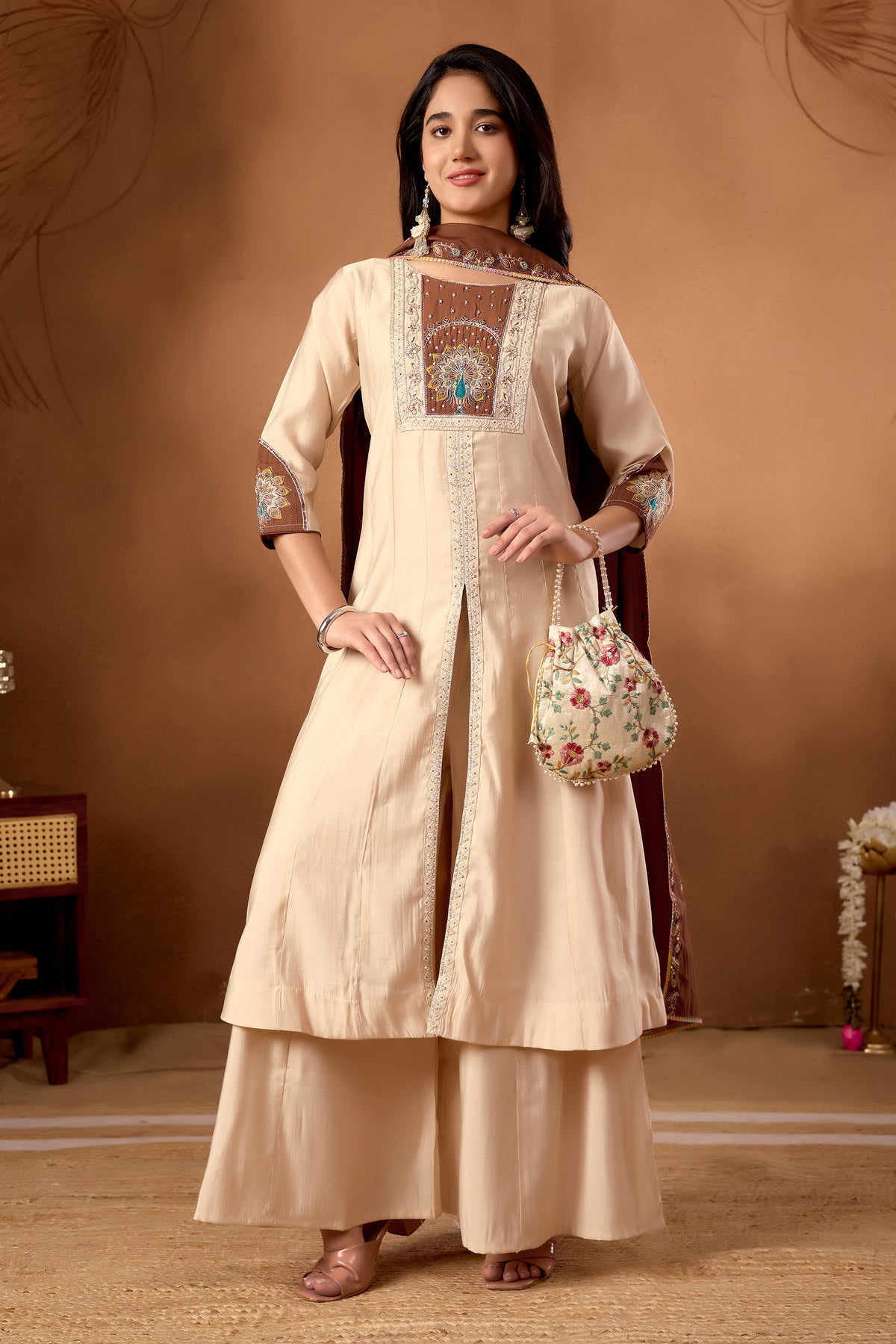 Lorenvalley Fashion Cream Roman Silk Multi Embroidery Thread With Beautiful Hand Work Kurta Palazzo Dupatta