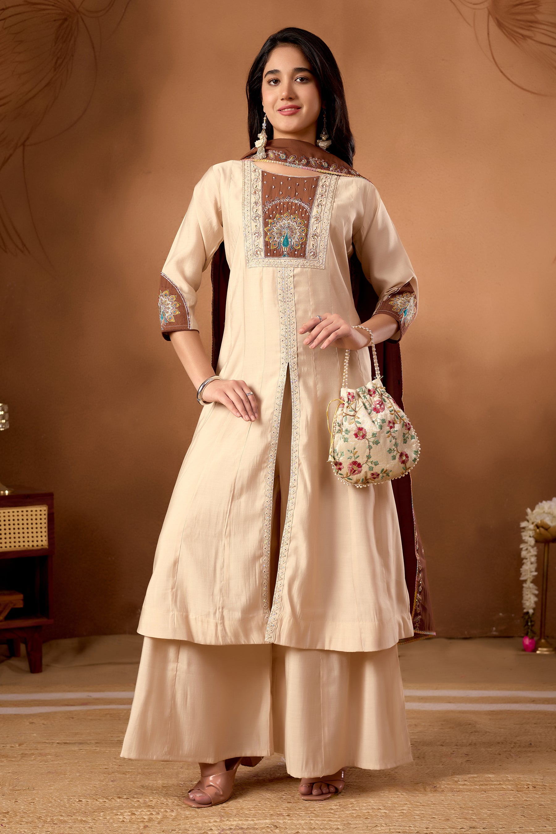 Lorenvalley Fashion Cream Roman Silk Multi Embroidery Thread With Beautiful Hand Work Kurta Palazzo Dupatta - Distacart