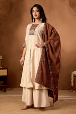 Thumbnail for Lorenvalley Fashion Cream Roman Silk Multi Embroidery Thread With Beautiful Hand Work Kurta Palazzo Dupatta - Distacart