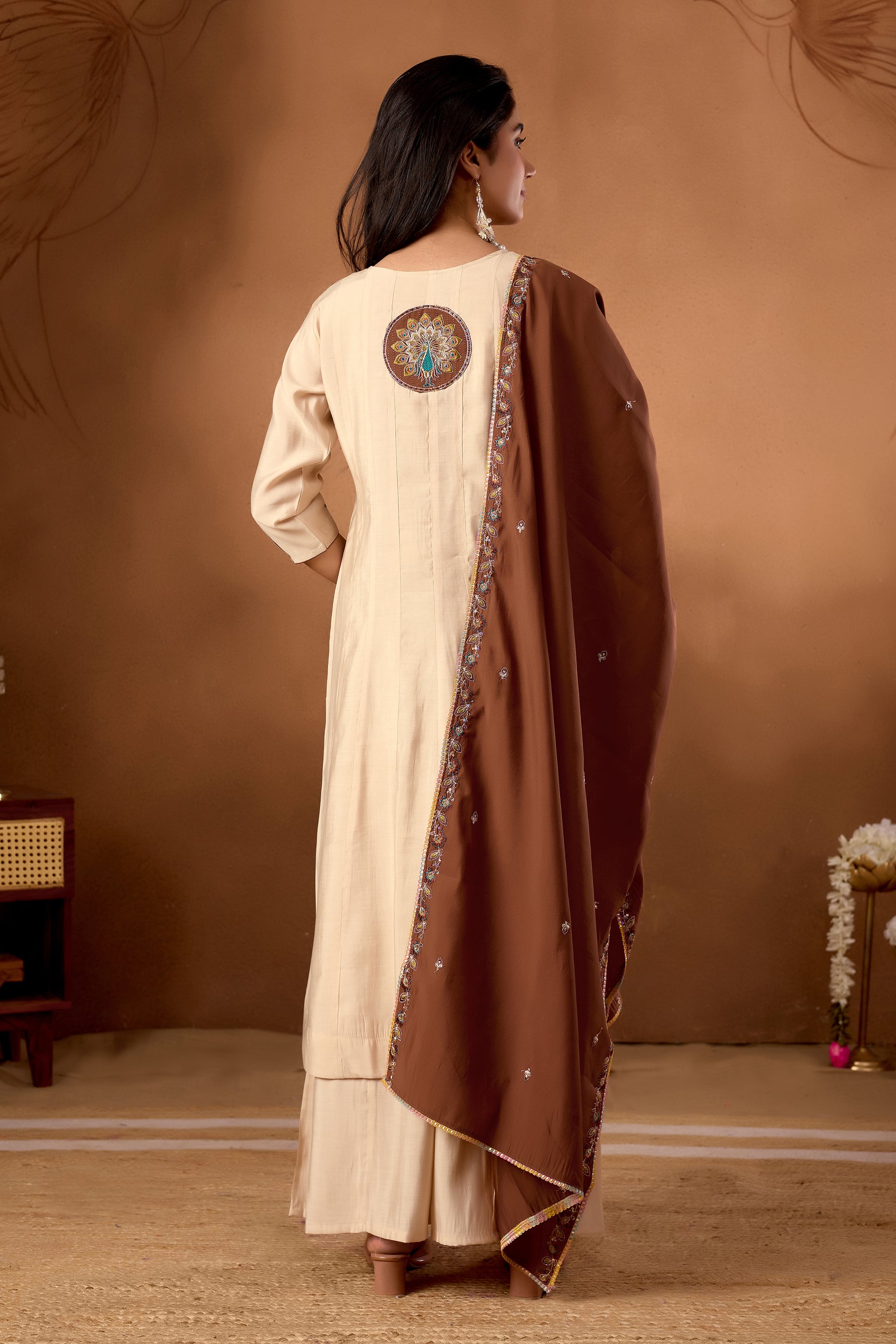 Lorenvalley Fashion Cream Roman Silk Multi Embroidery Thread With Beautiful Hand Work Kurta Palazzo Dupatta - Distacart