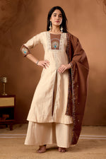 Thumbnail for Lorenvalley Fashion Cream Roman Silk Multi Embroidery Thread With Beautiful Hand Work Kurta Palazzo Dupatta - Distacart