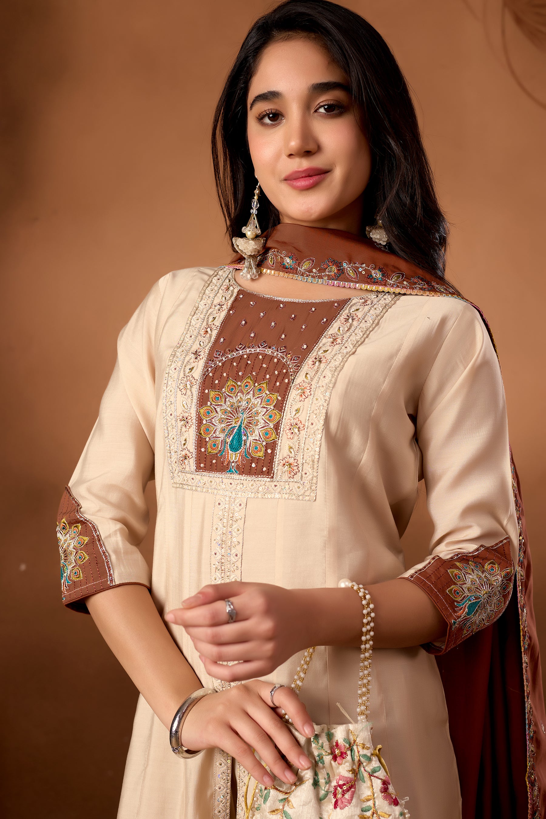 Lorenvalley Fashion Cream Roman Silk Multi Embroidery Thread With Beautiful Hand Work Kurta Palazzo Dupatta - Distacart