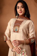 Thumbnail for Lorenvalley Fashion Cream Roman Silk Multi Embroidery Thread With Beautiful Hand Work Kurta Palazzo Dupatta - Distacart