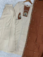 Thumbnail for Lorenvalley Fashion Cream Roman Silk Multi Embroidery Thread With Beautiful Hand Work Kurta Palazzo Dupatta - Distacart