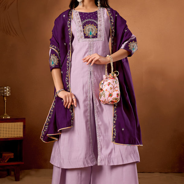 Lorenvalley Fashion Lavender Roman Silk Multi Embroidery Thread With Beautiful Hand Work Kurta Palazzo Dupatta - Distacart
