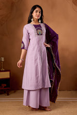 Thumbnail for Lorenvalley Fashion Lavender Roman Silk Multi Embroidery Thread With Beautiful Hand Work Kurta Palazzo Dupatta - Distacart