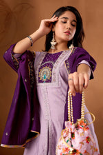 Thumbnail for Lorenvalley Fashion Lavender Roman Silk Multi Embroidery Thread With Beautiful Hand Work Kurta Palazzo Dupatta - Distacart