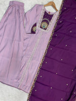 Thumbnail for Lorenvalley Fashion Lavender Roman Silk Multi Embroidery Thread With Beautiful Hand Work Kurta Palazzo Dupatta - Distacart