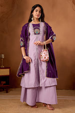 Thumbnail for Lorenvalley Fashion Lavender Roman Silk Multi Embroidery Thread With Beautiful Hand Work Kurta Palazzo Dupatta - Distacart