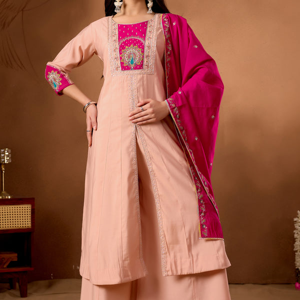 Lorenvalley Fashion Peach Roman Silk Multi Embroidery Thread With Beautiful Hand Work Kurta Palazzo Dupatta - Distacart