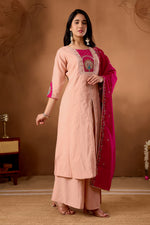 Thumbnail for Lorenvalley Fashion Peach Roman Silk Multi Embroidery Thread With Beautiful Hand Work Kurta Palazzo Dupatta - Distacart