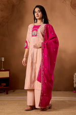 Thumbnail for Lorenvalley Fashion Peach Roman Silk Multi Embroidery Thread With Beautiful Hand Work Kurta Palazzo Dupatta - Distacart