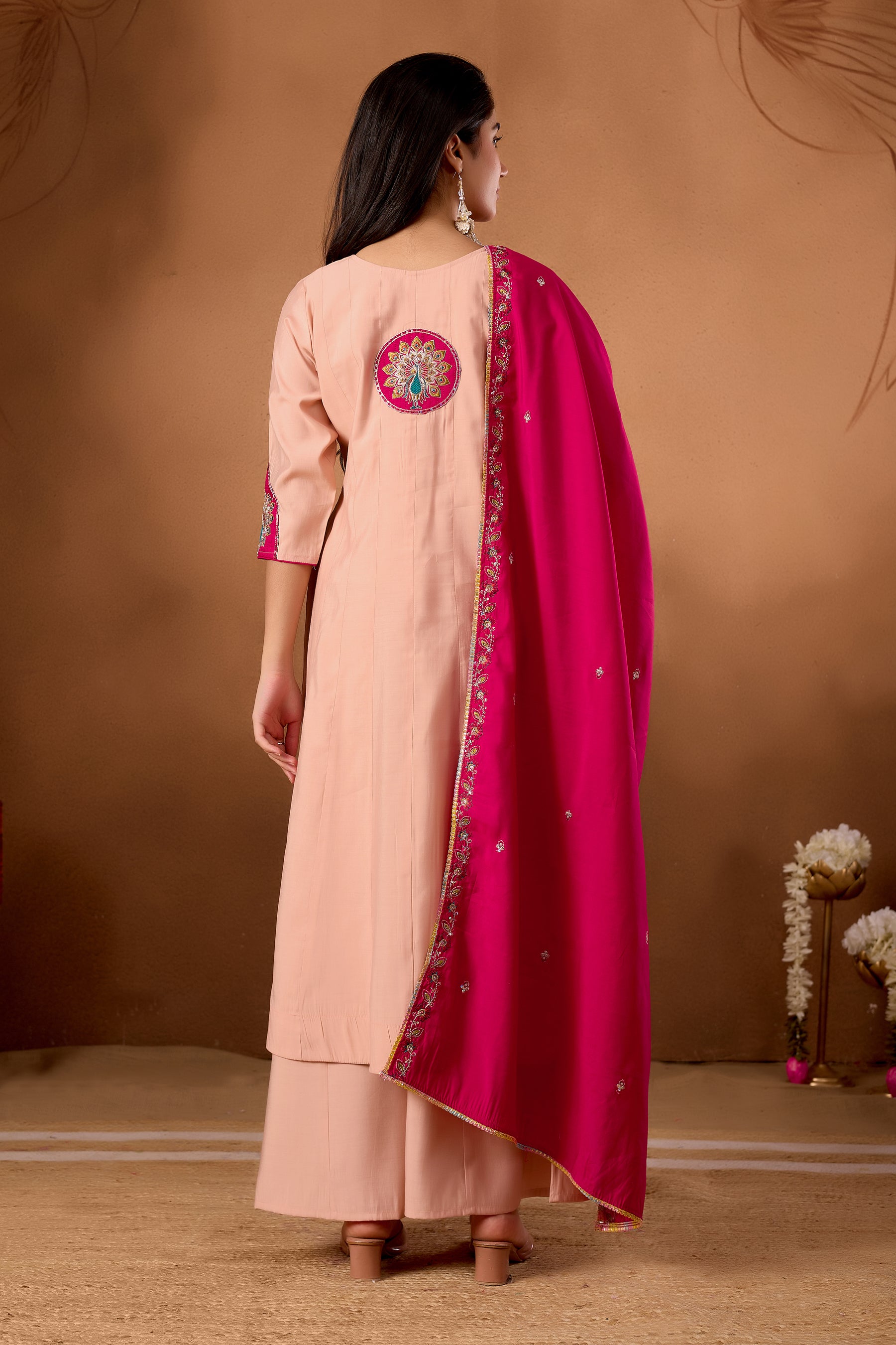 Lorenvalley Fashion Peach Roman Silk Multi Embroidery Thread With Beautiful Hand Work Kurta Palazzo Dupatta - Distacart