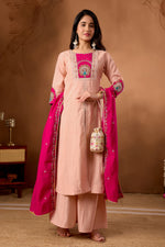 Thumbnail for Lorenvalley Fashion Peach Roman Silk Multi Embroidery Thread With Beautiful Hand Work Kurta Palazzo Dupatta - Distacart