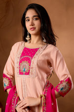 Thumbnail for Lorenvalley Fashion Peach Roman Silk Multi Embroidery Thread With Beautiful Hand Work Kurta Palazzo Dupatta - Distacart