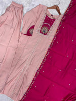 Thumbnail for Lorenvalley Fashion Peach Roman Silk Multi Embroidery Thread With Beautiful Hand Work Kurta Palazzo Dupatta - Distacart
