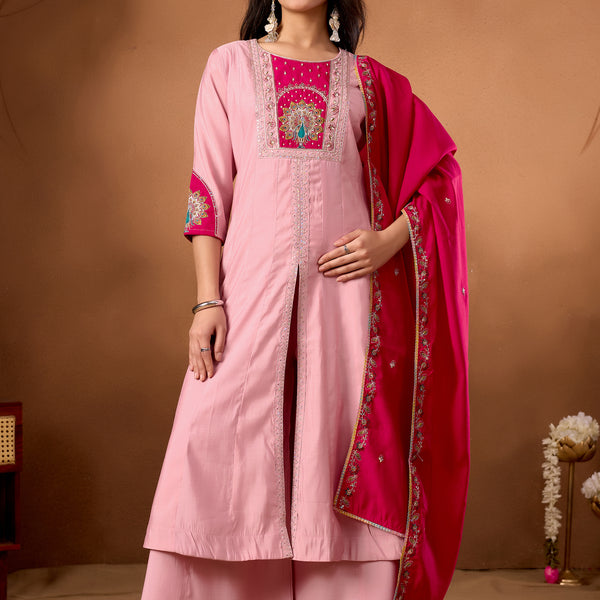 Lorenvalley Fashion Pink Roman Silk Multi Embroidery Thread With Beautiful Hand Work Kurta Palazzo Dupatta - Distacart