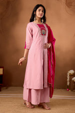 Thumbnail for Lorenvalley Fashion Pink Roman Silk Multi Embroidery Thread With Beautiful Hand Work Kurta Palazzo Dupatta - Distacart