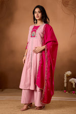 Thumbnail for Lorenvalley Fashion Pink Roman Silk Multi Embroidery Thread With Beautiful Hand Work Kurta Palazzo Dupatta - Distacart