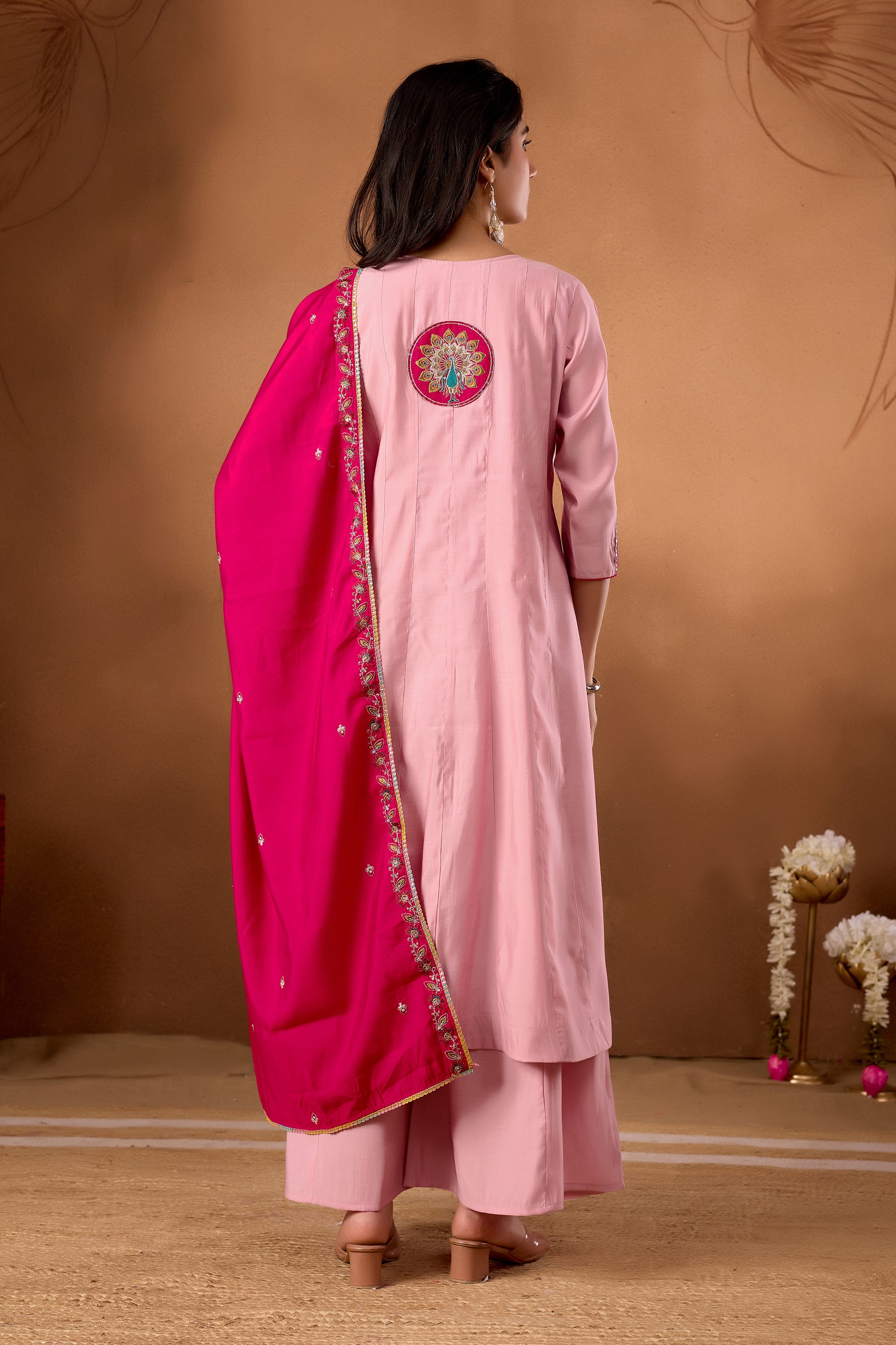 Lorenvalley Fashion Pink Roman Silk Multi Embroidery Thread With Beautiful Hand Work Kurta Palazzo Dupatta - Distacart
