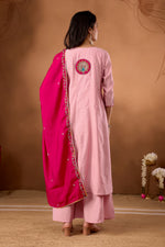 Thumbnail for Lorenvalley Fashion Pink Roman Silk Multi Embroidery Thread With Beautiful Hand Work Kurta Palazzo Dupatta - Distacart