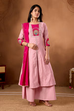 Thumbnail for Lorenvalley Fashion Pink Roman Silk Multi Embroidery Thread With Beautiful Hand Work Kurta Palazzo Dupatta - Distacart