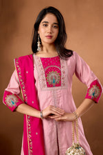 Thumbnail for Lorenvalley Fashion Pink Roman Silk Multi Embroidery Thread With Beautiful Hand Work Kurta Palazzo Dupatta - Distacart