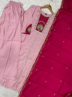 Thumbnail for Lorenvalley Fashion Pink Roman Silk Multi Embroidery Thread With Beautiful Hand Work Kurta Palazzo Dupatta - Distacart