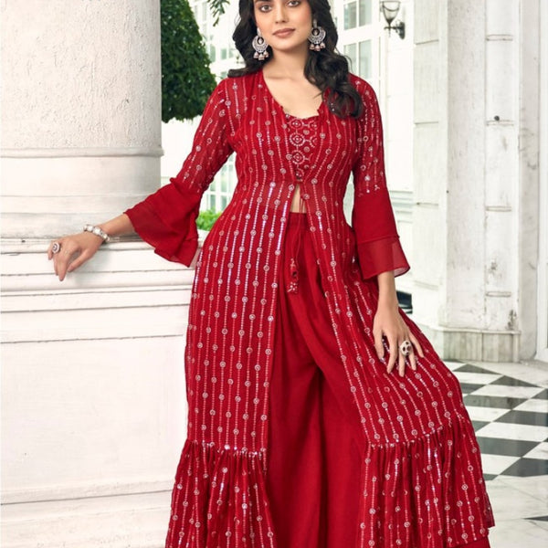 Anaita Red Georgette Stitched Shrug Suit With Sequence Thread Work - Distacart