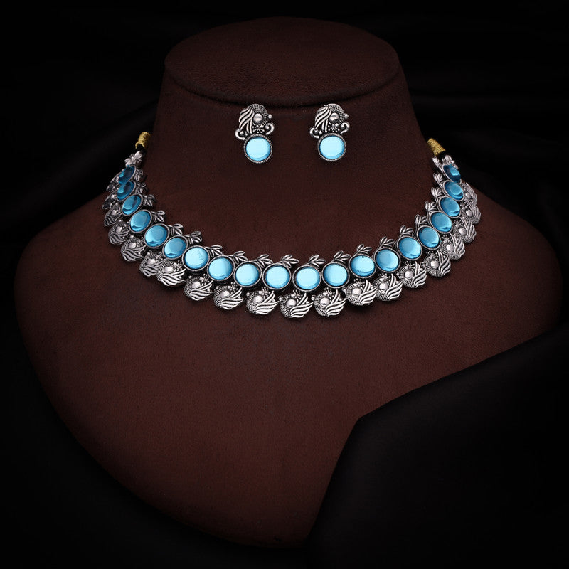 Tehzeeb Creations Silver Plated Sky Blue Colour Stone Jewellery Choker Necklace Set With Matching Pair of Stud Earrings - Distacart