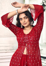 Thumbnail for Anaita Red Georgette Stitched Shrug Suit With Sequence Thread Work - Distacart