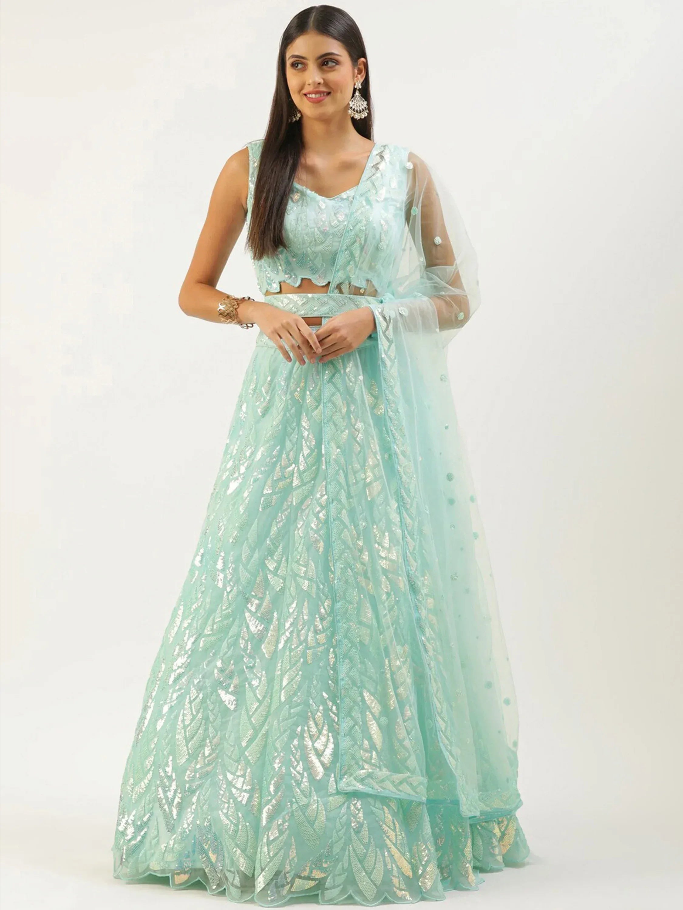 Tulsi Art Outstanding Sky Blue Sequins Net Lehenga Choli With Dupatta - Dista