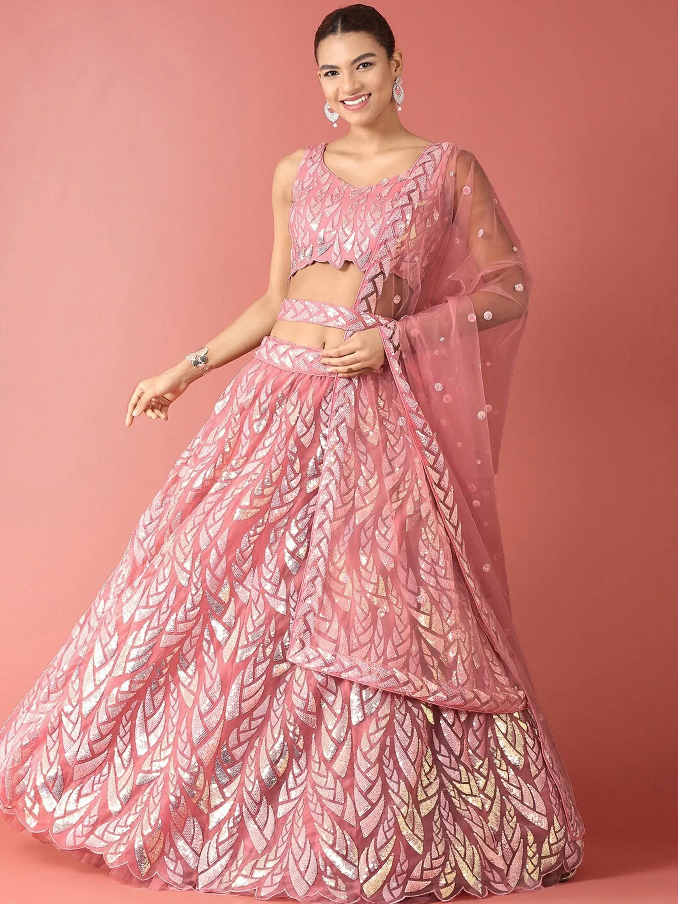 Tulsi Art Fantastic Pink Sequins Net Reception Wear Lehenga Choli With Dupatta - Dista